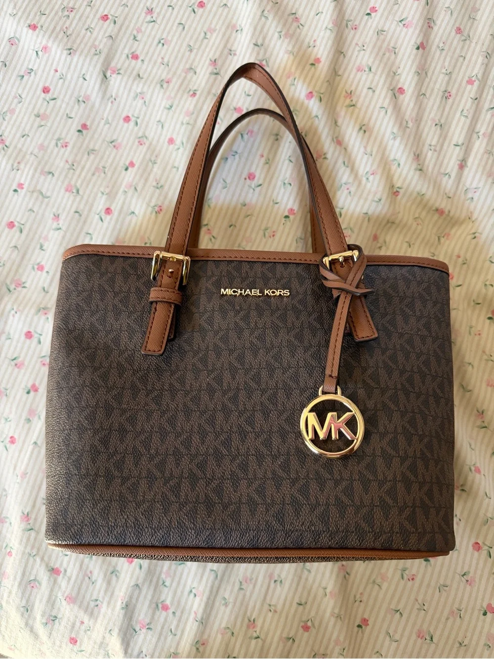Michael Kors Brown Logo Satchel with Tan Trim and Gold Hardware